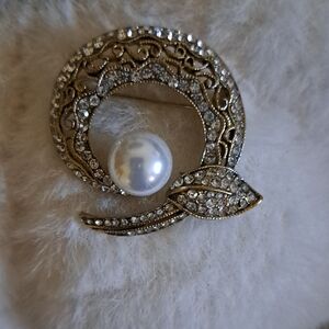 Gold and Silver Crystal Brooch with Pearl